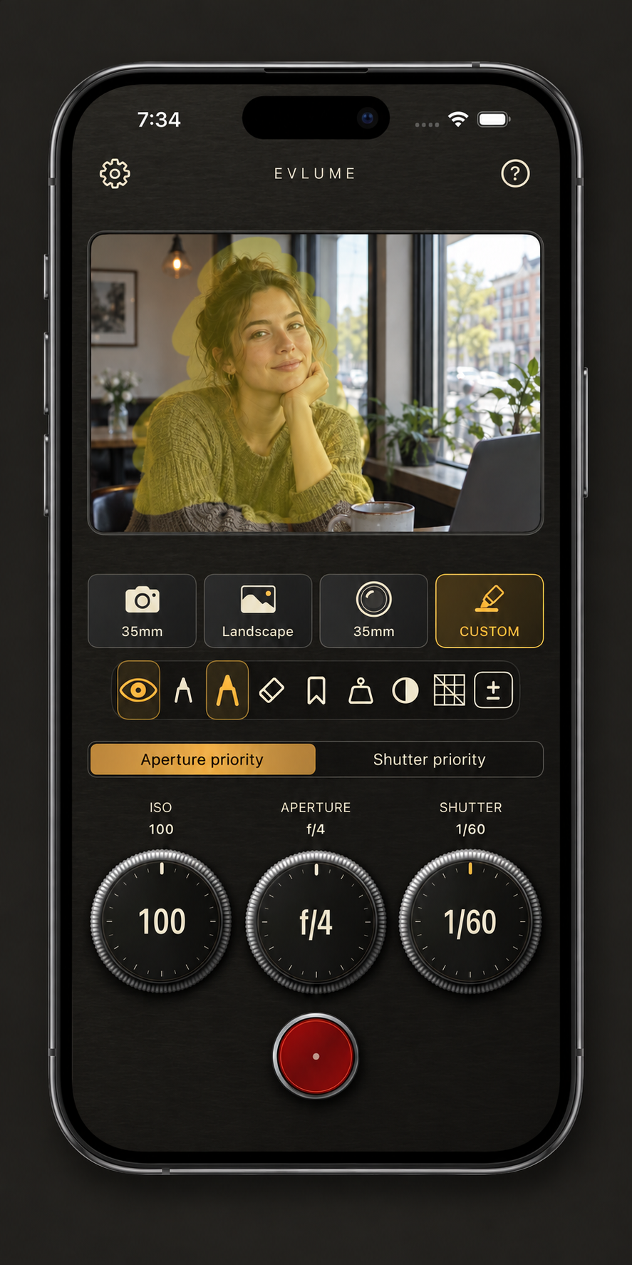An iPhone displaying an illustrative Evlume Custom metering preview of a portrait with the face and upper body highlighted against a brighter window.